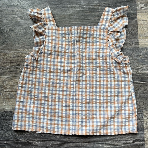 NWOT Gingham Seersucker Ruffle-Strap Button-Up Tank Top - Picture 3 of 6